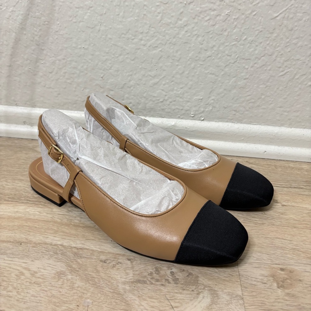 NWT Vionic Petaluma Camel Tan Leather Black Cap Toe Slingback Flats Size 10 Wide - Picture 3 of 7